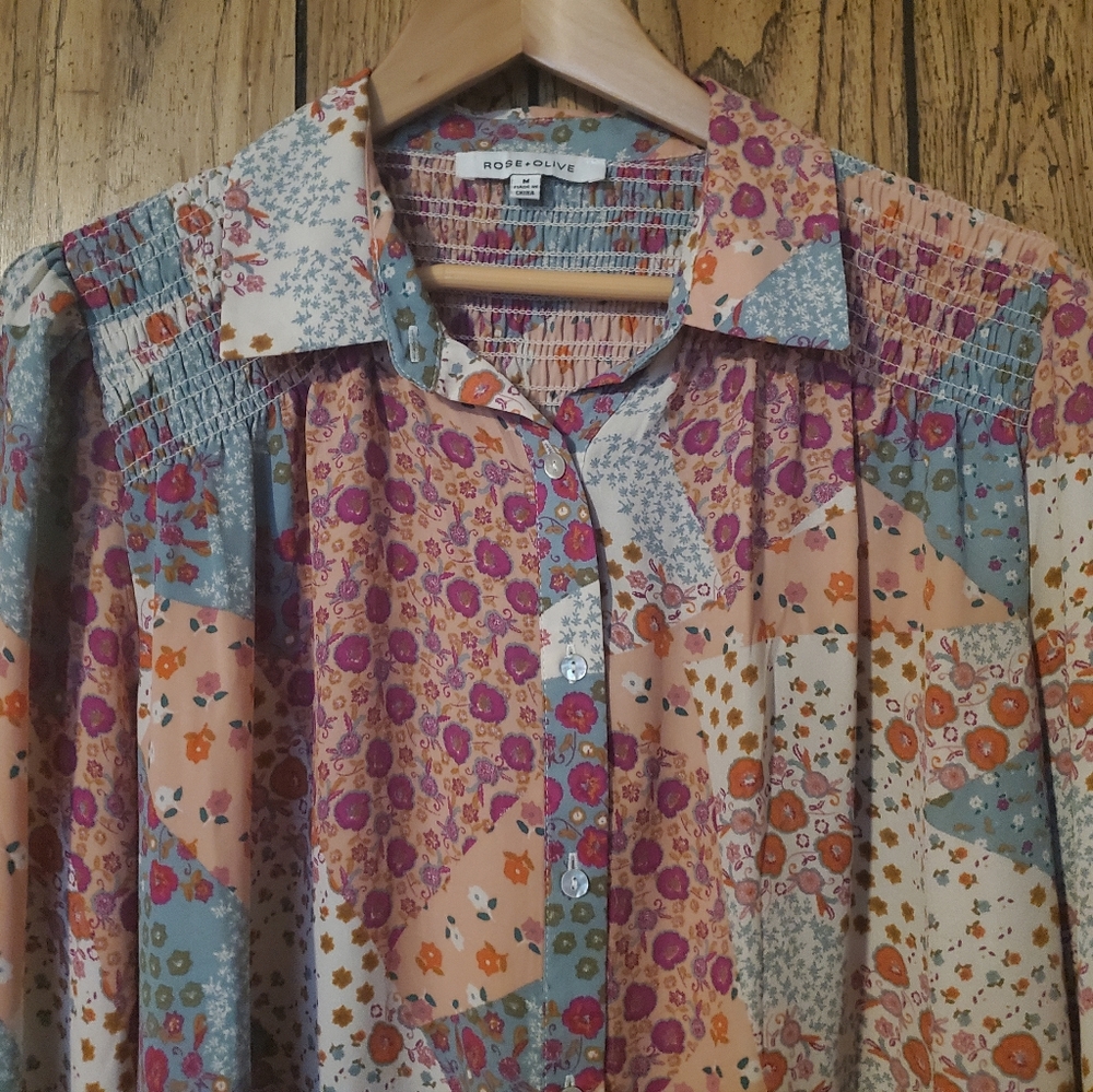 Rose + Olive Boho Patchwork Floral Button Down Se… - image 3